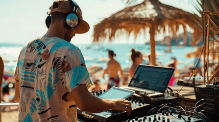 Dj mixing at beach party in summer