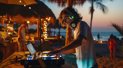Obraz premium Dj mixing at beach party in summer