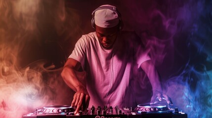 Fototapeta na wymiar DJ playing music on light background