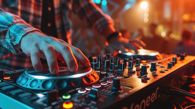 DJ Spinning, Mixing, and Scratching in a Night Club, Hands of dj tweak various track controls on dj