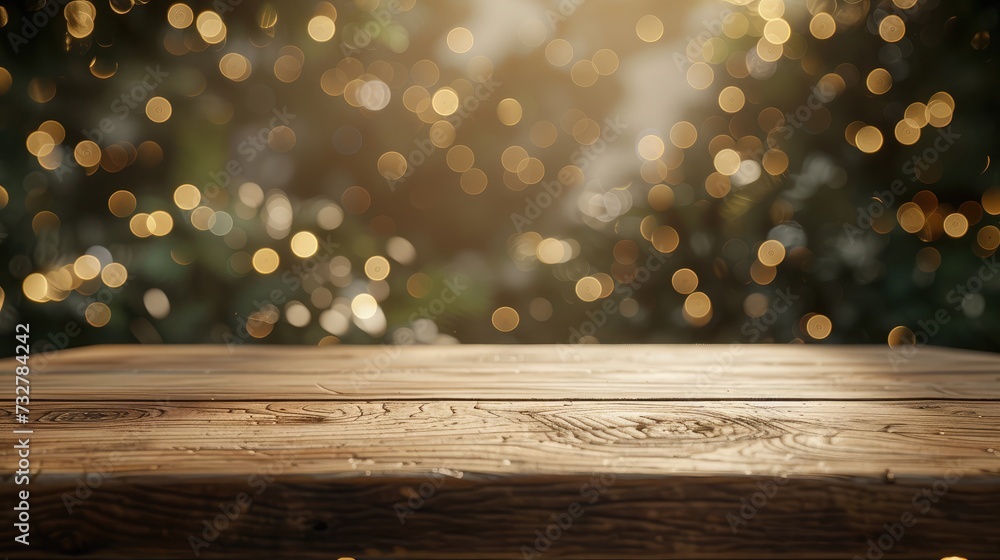 Poster empty wooden table in front of abstract blurred festive background with light spots and bokeh for pr