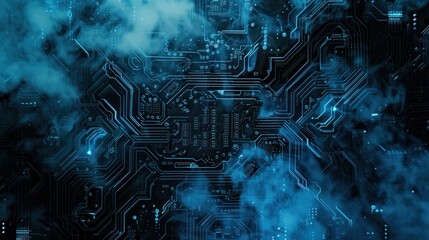 Abstract technology background featuring a circuit board on a dark blue color with clouds and smoke floating up, creating an interior texture. This illustration represents digital future technology