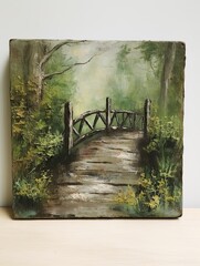 Vintage Bridge Painting: Rustic Countryside Art for Unique Wall Decor