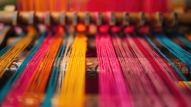 From above closeup of full frame parallel colorful threads during weaving process in selective focus
