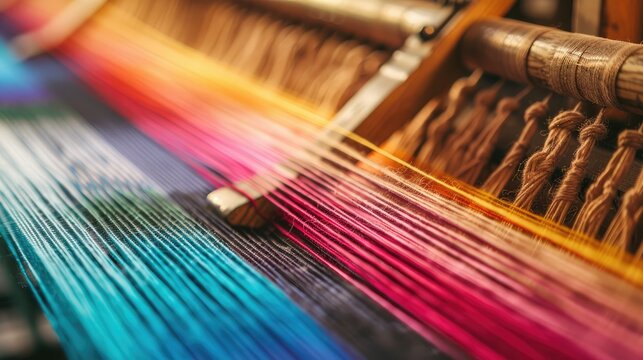 From above closeup of full frame parallel colorful threads during weaving process in selective focus