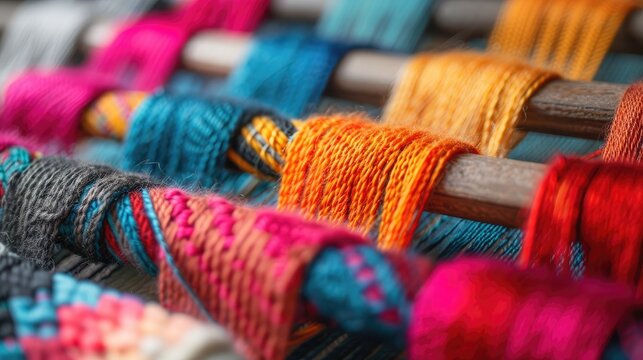 From above closeup of full frame parallel colorful threads during weaving process in selective focus