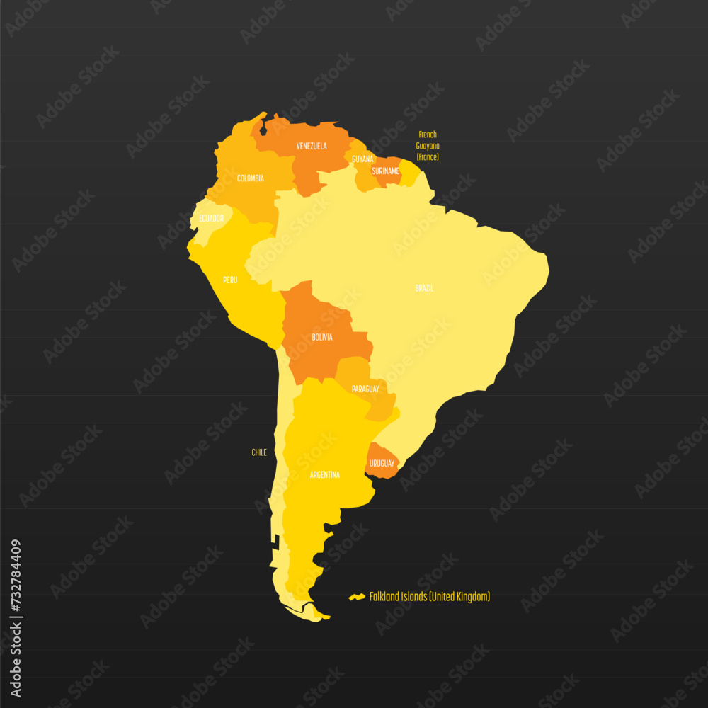 Sticker political map of south america. yellow colored land with country name labels on dark gray background - Stickers