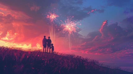 Fototapeta premium happy family standing on the hill and watching the fireworks