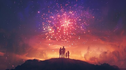 happy family standing on the hill and watching the fireworks - Powered by Adobe