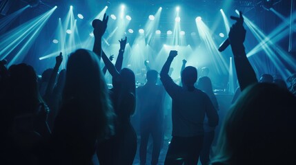 Happy people dance in nightclub light party concert bar and listen to the night music from DJ on...