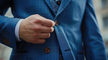 Man in blue suit two buttons, doing button