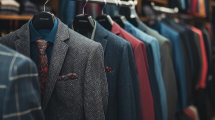 Men's suits on a rack in store - obrazy, fototapety, plakaty