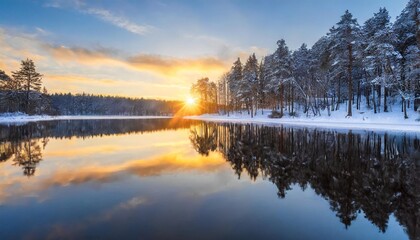 beautiful landscape of a forest lake with the reflection of the forest in the water sunset in the...