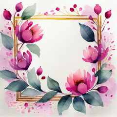 Floral composition, watercolor and ink lines. Square frame with flowers and leaves with copy space