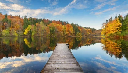 Fotobehang autumn forest landscape reflection on the water with wooden pier © Alexander