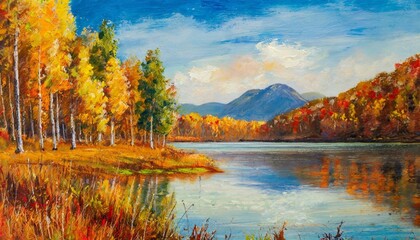Fototapeta na wymiar oil painting landscape autumn forest near the lake