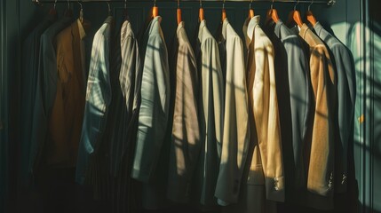 Row of men's suit jackets hanging in closet