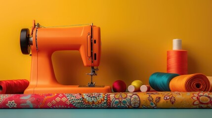 sewing machine and fabric on bright background