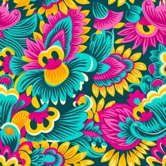 Fototapeta na wymiar Vibrant Latin Floral Seamless Pattern. Bright, colorful flowers with a lively Latin-inspired seamless design.