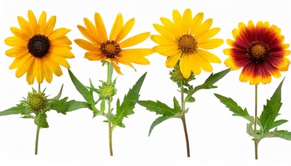 botanical collection four yellow flowers isolated on a white background top view lanceleaf...