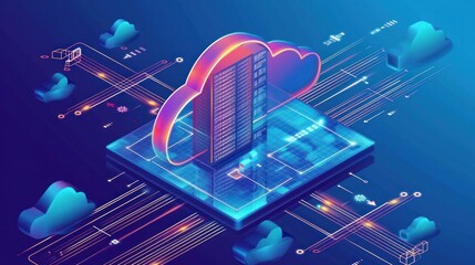 Isometric cloud storage for downloading, representing a digital service or application facilitating data transmission. It embodies network computing technologies, showcasing a futuristic server