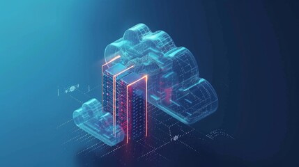 Isometric cloud storage for downloading, representing a digital service or application facilitating data transmission. It embodies network computing technologies, showcasing a futuristic server - obrazy, fototapety, plakaty