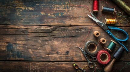 Vintage Background with sewing tools and colored tape/Sewing kit. Scissors, bobbins with thread and needles on the old wooden background - obrazy, fototapety, plakaty