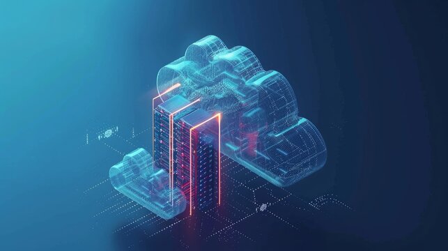 Isometric cloud storage for downloading, representing a digital service or application facilitating data transmission. It embodies network computing technologies, showcasing a futuristic server