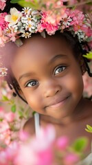 A delightful African-American girl gazes softly at the camera, framed by a lush floral crown and a blurred botanical setting, highlighting her natural beauty and serene expression.