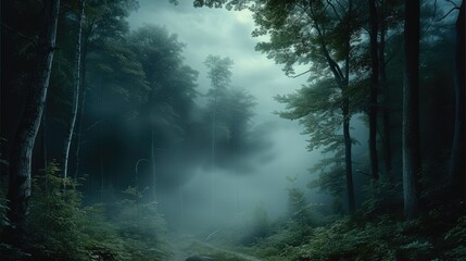 Fototapeta premium Dark forest with misty. Generative AI.