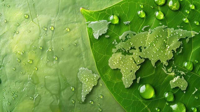 World Map on Green Leaf with Water Drops, Water and Earth Day Concept
