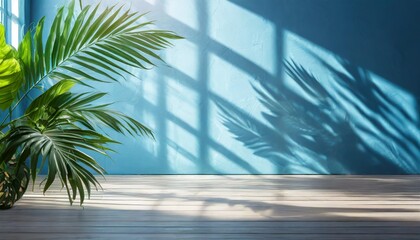 Fototapeta na wymiar abstract blue studio background for product presentation empty room with shadows of window and flowers and palm leaves 3d room with copy space summer concert blurred backdrop
