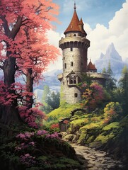 Vintage Castle Turret in Fairytale Nature Print