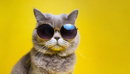 close portrait of british furry cat in fashion sunglasses funny pet on bright yellow background kitten in eyeglass fashion style cool animal concept with copy space