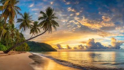Rolgordijnen beautiful sunrise over over the sea with palm trees tropical island beach landscape exotic coast fantastic panoramic view holiday summer © Alexander