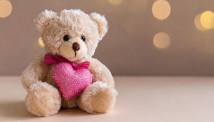 small teddy bear with a pink heart on a beige background side view selective focus copy space valentine s day banner