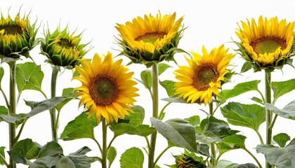 many flowers leaves stems and buds of sunflower at various angles on white background
