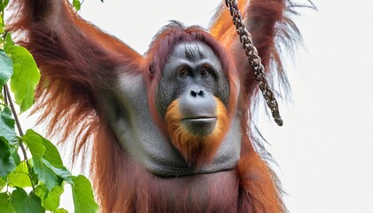 orang utan ape hanging on a vine in the trees isolated on a white background as transparent png