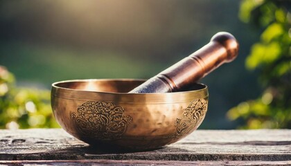 a close up of a tibetan singing bowl or himalayan bowl - obrazy, fototapety, plakaty