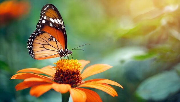 tropical bright butterfly on an orange flower in a summer magic garden summer natural artistic image