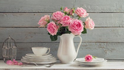 pinc roses in vase and dinnerware on white wooden shelf