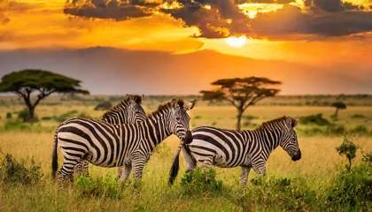 Tuinposter african zebras at beautiful orange sunset in the serengeti national park tanzania wild nature of africa © Alexander