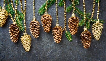 christmas tree toys fir cones hanging on golden chains on dark background