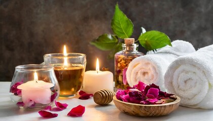 Obraz na płótnie Canvas concept of natural organic flower herbal ingredients for spa treatment for relaxation and detox hot tea with rose extract petals for beauty procedures towel candles detention meditation banner