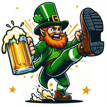 St patrick day leprechaun holding a beer, kicking his leg in the air.