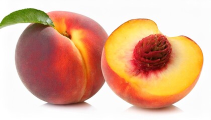 beautiful whole peach and split isolated on white