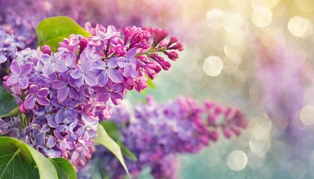 beautiful purple lilac flowers blossom branch panorama background soft focus greeting gift card template pastel toned image nature abstract copy space