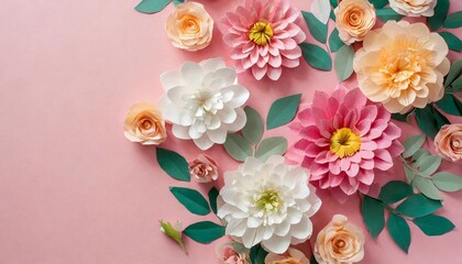 paper flowers frame on pink background with copy space flat lay top view