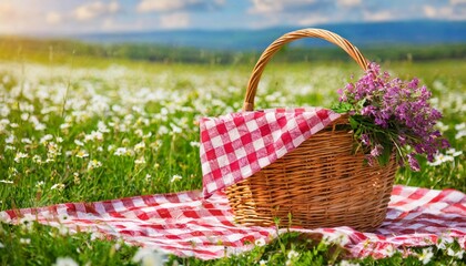 Fototapeta na wymiar checkered picnic duvet with empty basket on the blossoming meadow