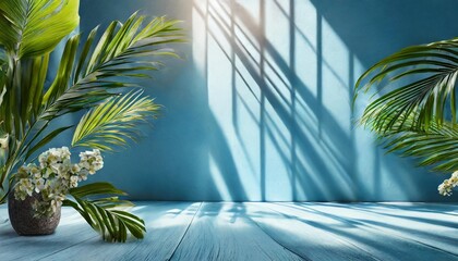 abstract blue studio background for product presentation empty room with shadows of window and flowers and palm leaves 3d room with copy space summer concert blurred backdrop